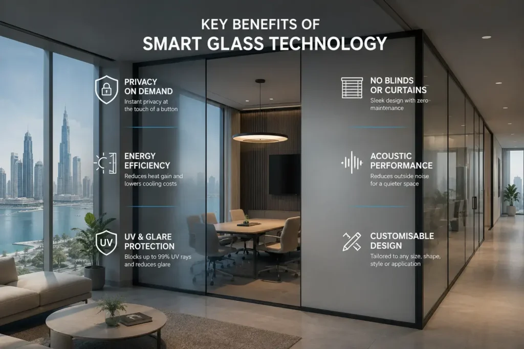 How Does Smart Glass Technology Work in 2026? Modern office with switchable smart glass demonstrating instant privacy, energy efficiency, UV protection, acoustic insulation, and smart building integration.