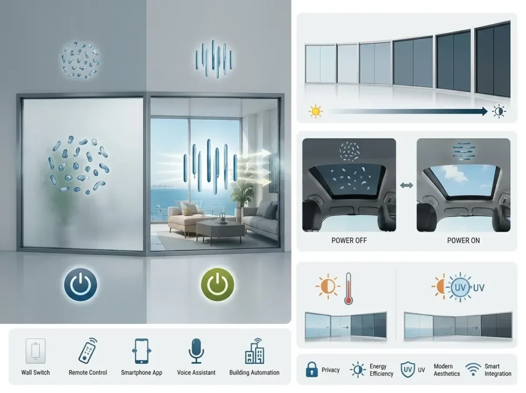 How Does Smart Glass Technology Work in 2026? Smart glass technology infographic showing how PDLC, SPD, electrochromic, and thermochromic glass control privacy, light, and energy efficiency.
