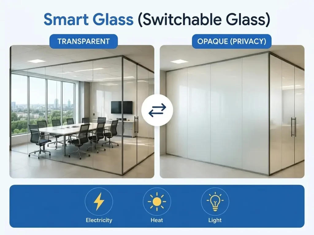 How Does Smart Glass Technology Work in 2026? Smart glass switching from transparent to opaque in a modern office, demonstrating how PDLC switchable glass provides instant privacy, light control, and energy efficiency.