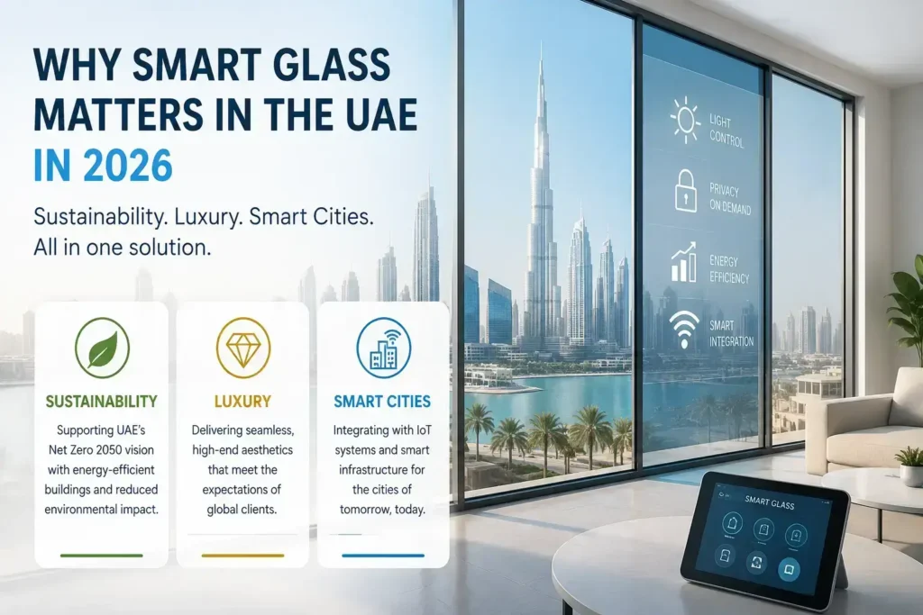 How Does Smart Glass Technology Work in 2026? Smart glass UAE installation in a modern commercial building featuring energy-efficient switchable glass, luxury architecture, and smart city technology.