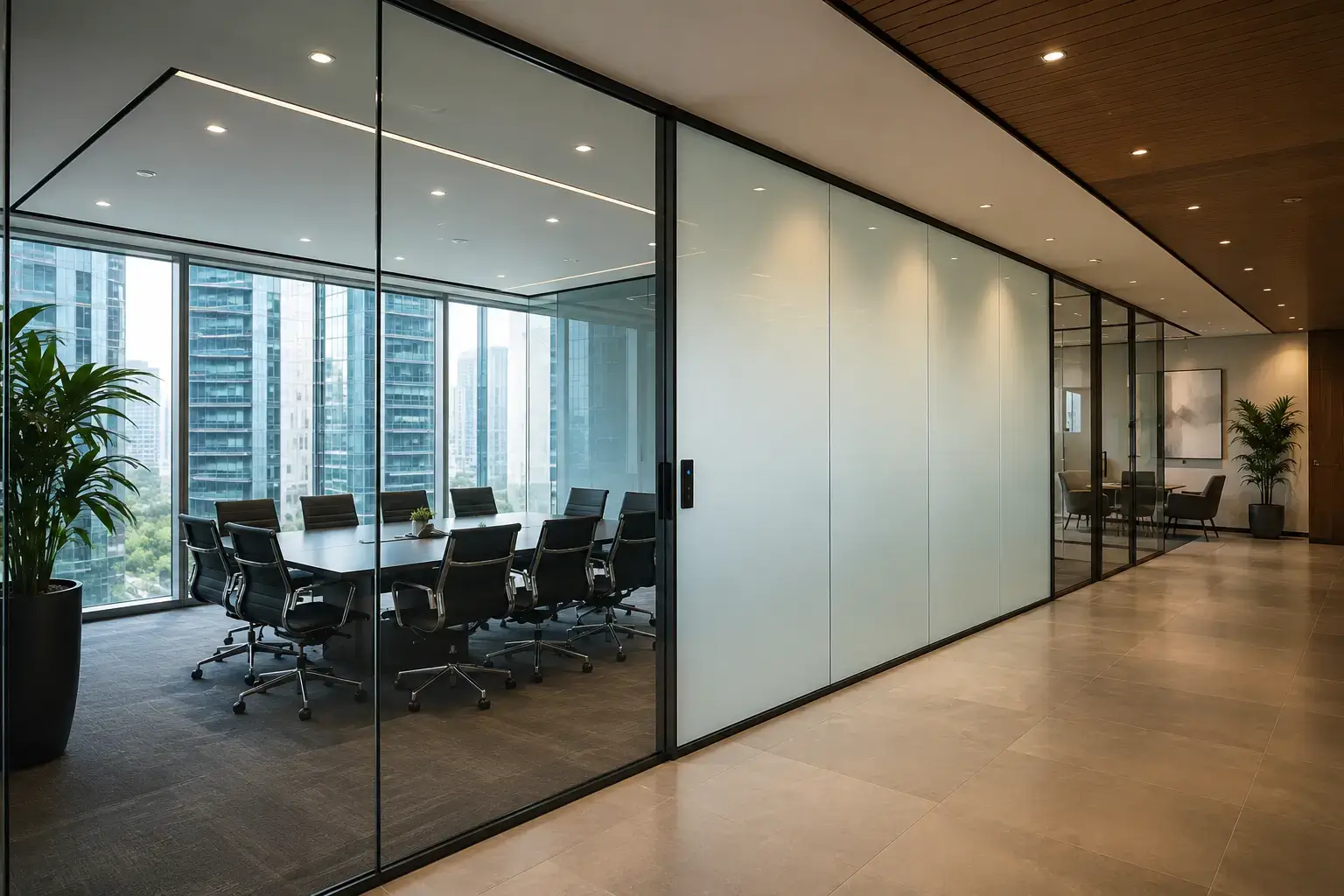 Modern office featuring switchable smart glass partitions that instantly change from transparent to opaque for privacy, energy efficiency, and contemporary workspace design.