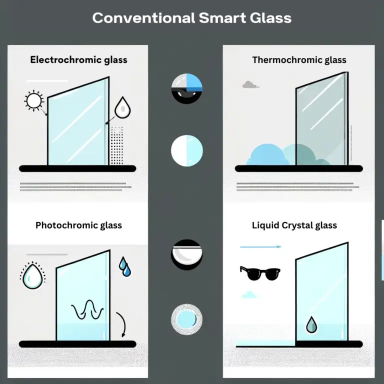 Comparison of electrochromic, thermochromic, photochromic, and liquid crystal smart glass technologies used for privacy control, energy efficiency, and modern architectural applications.