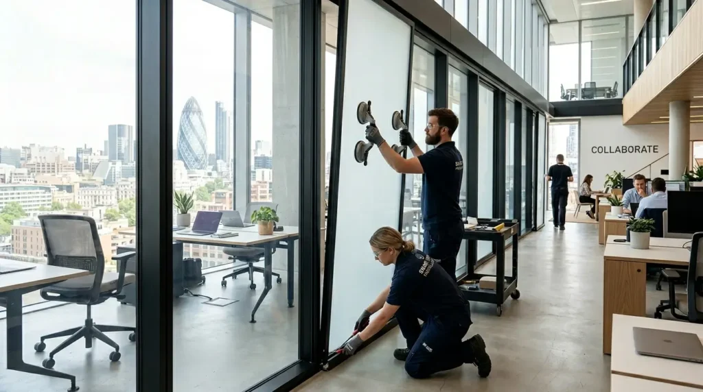 Office Productivity up to 5x by Installing Smart Film Modern office smart glass installation with floor-to-ceiling windows.