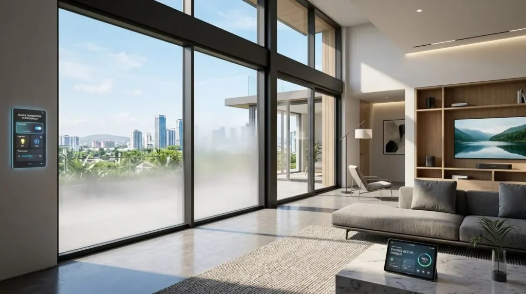 Modern smart home with switchable smart glass technology, showcasing instant privacy control, natural light optimization, and energy-efficient residential design.