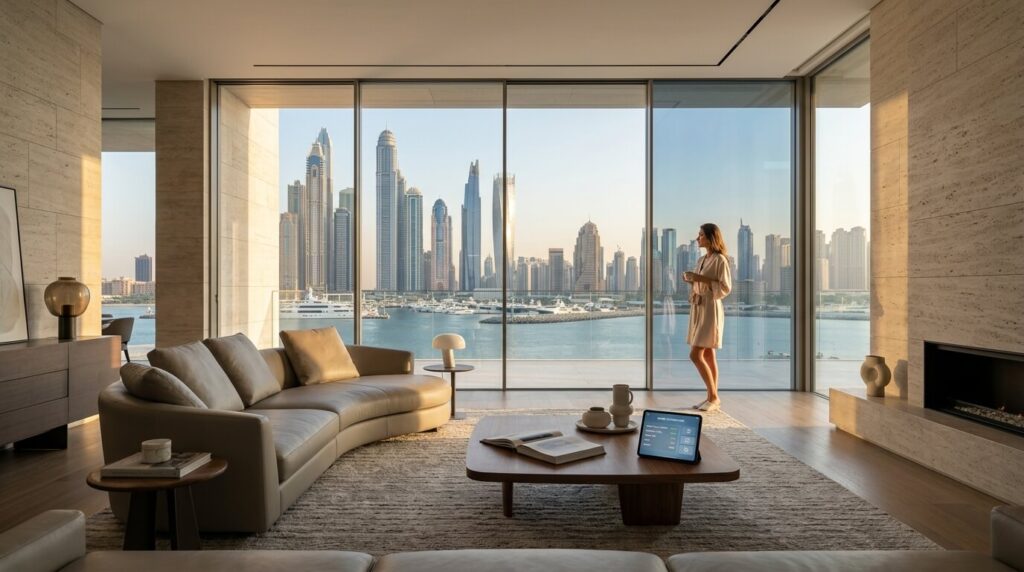 The Rise of Smart Homes in the UAE: Why Smart Glass is a Must-Have Feature Smart glass windows automatically adjusting tint in a luxury UAE smart home.