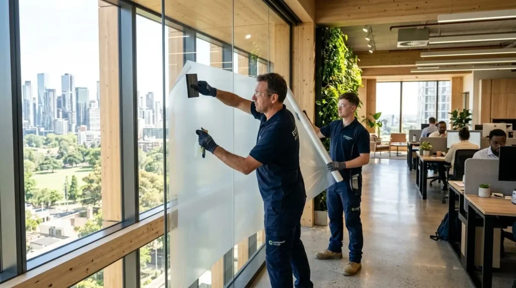 The Silent Hero of Green Architecture: How Smart Film is Revolutionizing Eco-Friendly Design Smart film installation on large office windows in a sustainable building.