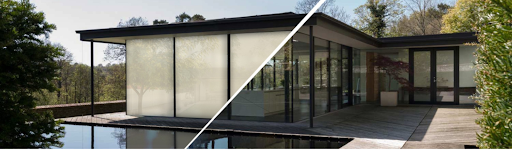 Smart Glass VS Smart Film: Basic Difference to know Side-by-side comparison of Smart Glass vs Smart Film installed on a modern home, demonstrating switchable transparency and privacy functionality with PDLC technology — ideal for energy-efficient and luxury architectural designs
