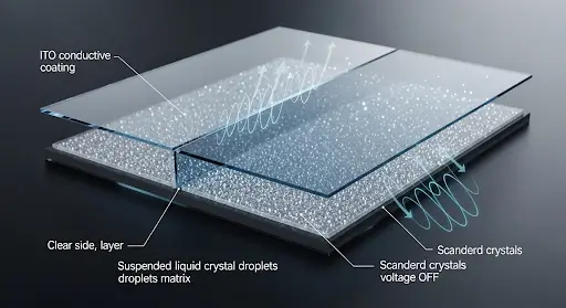 PDLC Smart Film structure showing liquid crystal layers and conductive coating