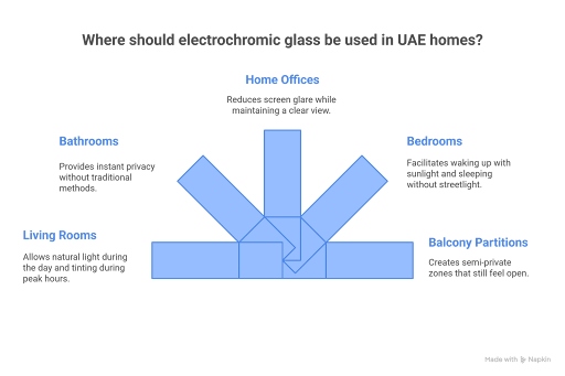 Electrochromic Glass UAE: The Smart Upgrade Every Modern Home Needs Applications of electrochromic smart glass in UAE homes including living rooms, bedrooms, bathrooms, and offices