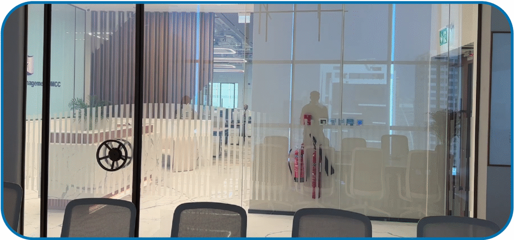 A modern clinic in Dubai using smart glass partitions for patient rooms, shown in the clear 'ON' state for open monitoring.