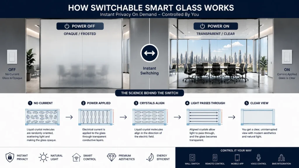 Switchable Smart Glass UAE: Complete Guide to Cost, Benefits, Applications & Installation How switchable smart glass works with power on transparent mode and power off frosted privacy mode