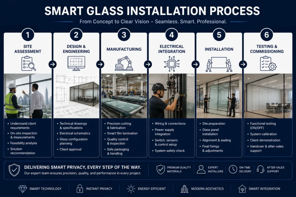 Switchable Smart Glass UAE: Complete Guide to Cost, Benefits, Applications & Installation Smart glass installation process from site assessment and engineering to testing and commissioning