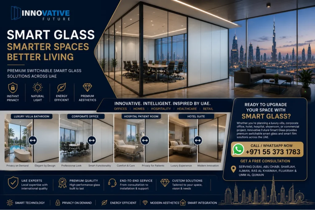 Switchable Smart Glass UAE: Complete Guide to Cost, Benefits, Applications & Installation Premium switchable smart glass solutions in UAE for villas, offices, hotels and healthcare facilities