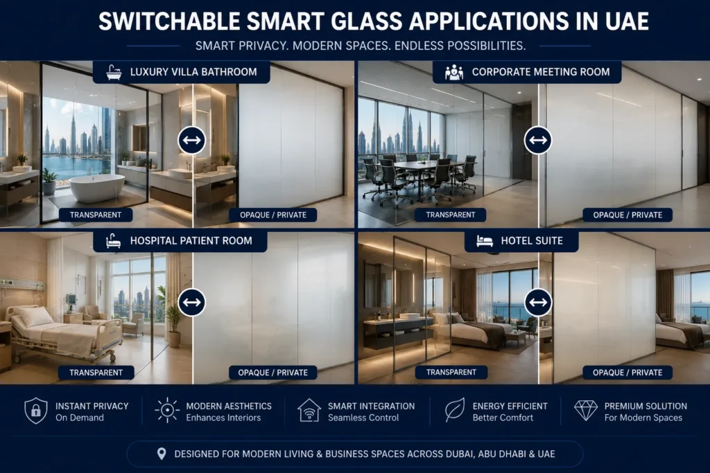 Switchable Smart Glass UAE: Complete Guide to Cost, Benefits, Applications & Installation Switchable smart glass applications in UAE villas, offices, hospitals and hotel suites