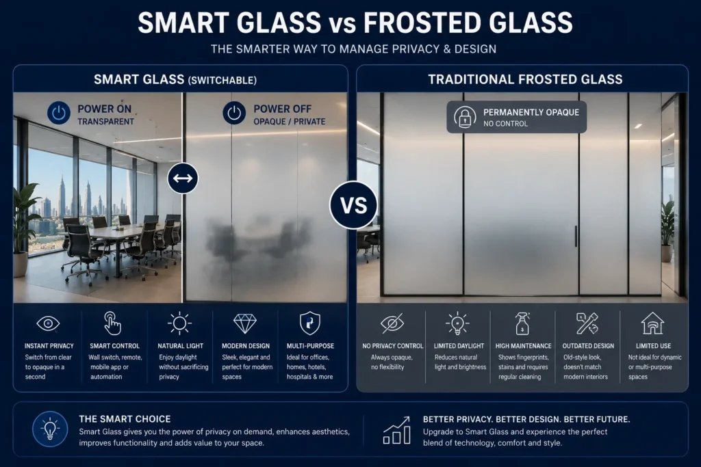 Switchable Smart Glass UAE: Complete Guide to Cost, Benefits, Applications & Installation Smart glass vs frosted glass comparison showing privacy control, transparency and modern office applications