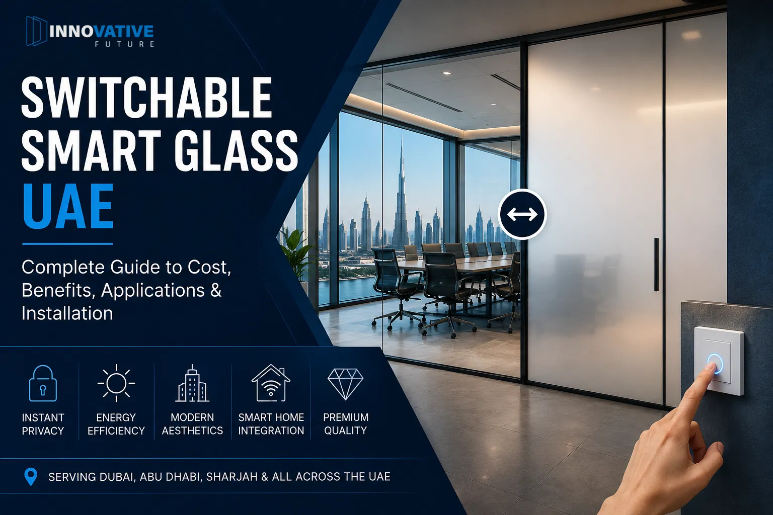 Switchable smart glass UAE guide showing modern office privacy glass technology and smart building applications
