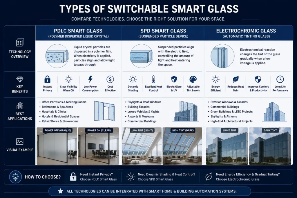 Switchable Smart Glass UAE: Complete Guide to Cost, Benefits, Applications & Installation Comparison of PDLC smart glass, SPD smart glass and electrochromic glass technologies for modern buildings