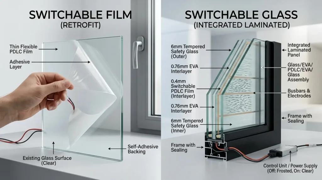 Comparison diagram showing the structural differences between switchable smart film and switchable smart glass using PDLC technology.