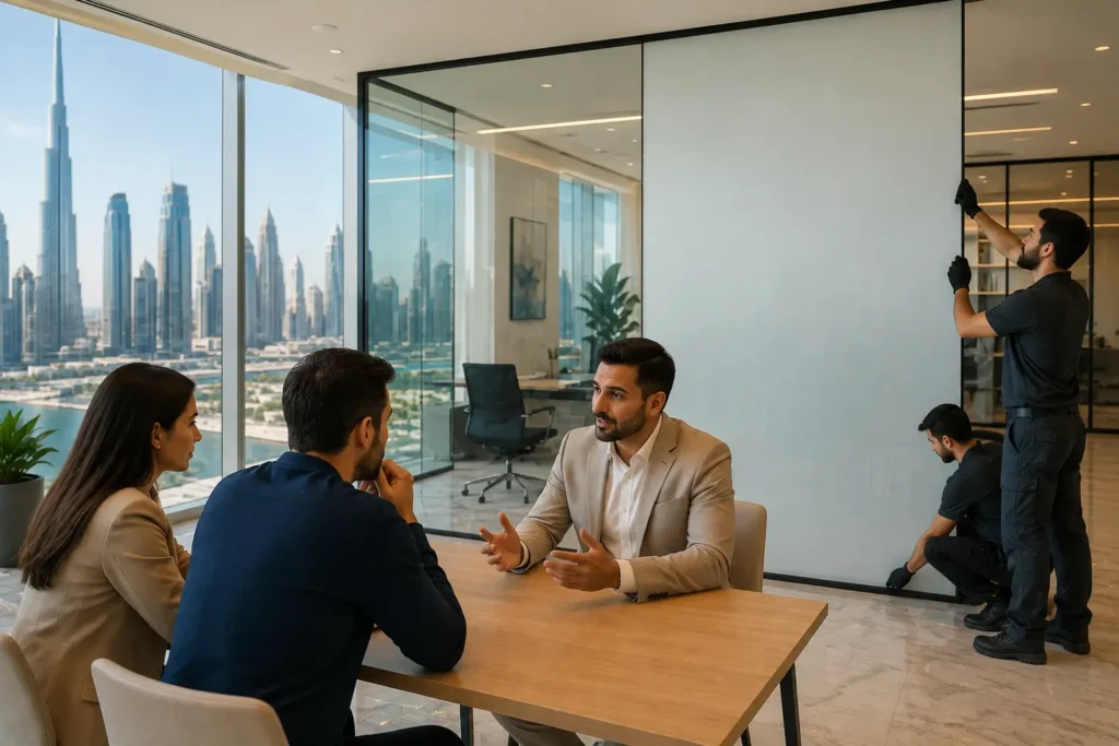 Smart glass consultant discussing a switchable smart glass installation with clients while technicians install a privacy glass partition in a modern Dubai office.