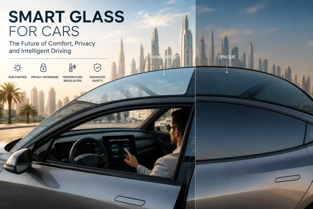 Luxury electric car with switchable smart glass roof and windows demonstrating privacy and solar control technology.