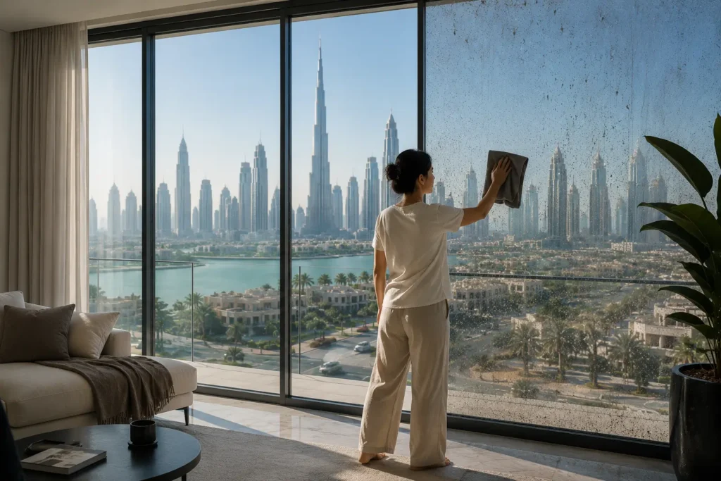 Homeowner cleaning smart glass windows in a modern Dubai villa to maintain privacy glass performance in the UAE climate.