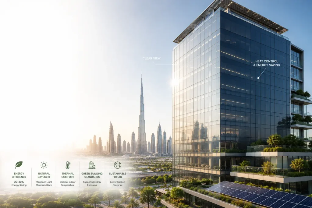 Modern Dubai skyscraper featuring smart glass façades designed for sustainable architecture and energy efficiency.