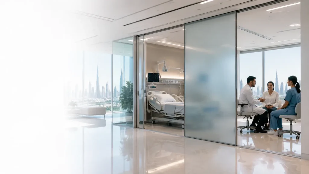 Modern hospital using smart glass partitions to improve patient privacy, hygiene and healthcare design.
