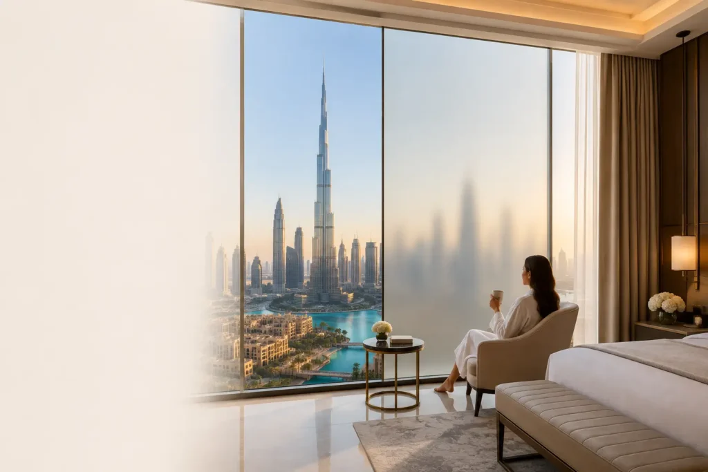 Luxury UAE hotel suite featuring switchable smart glass with panoramic Dubai skyline views and instant privacy technology.