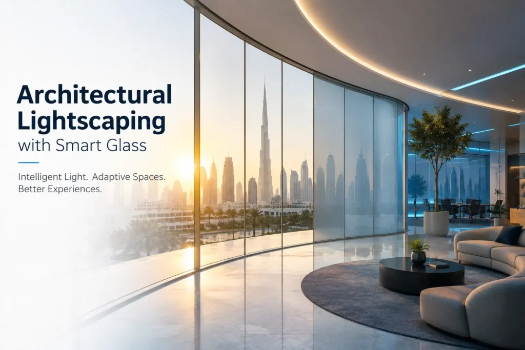 Architectural lightscaping with smart glass in a modern UAE building featuring adaptive daylight control, ambient lighting, and Dubai skyline views.