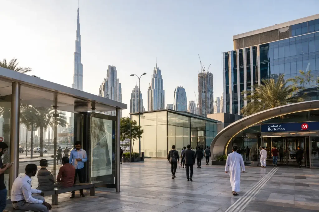 Smart glass transforming Dubai public spaces with intelligent metro stations, glass pavilions, and smart city infrastructure near the Burj Khalifa.