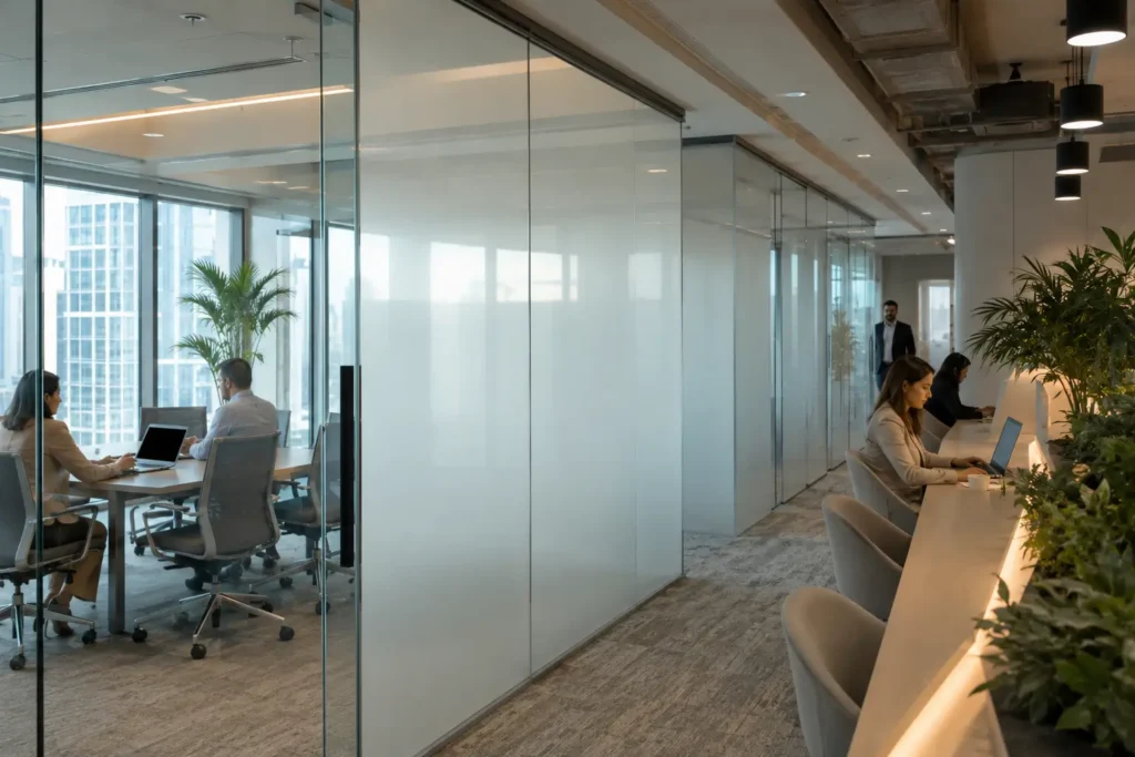 Modern UAE office featuring smart glass film and neurodesign principles to improve privacy, natural daylight, workplace wellness, and employee productivity.