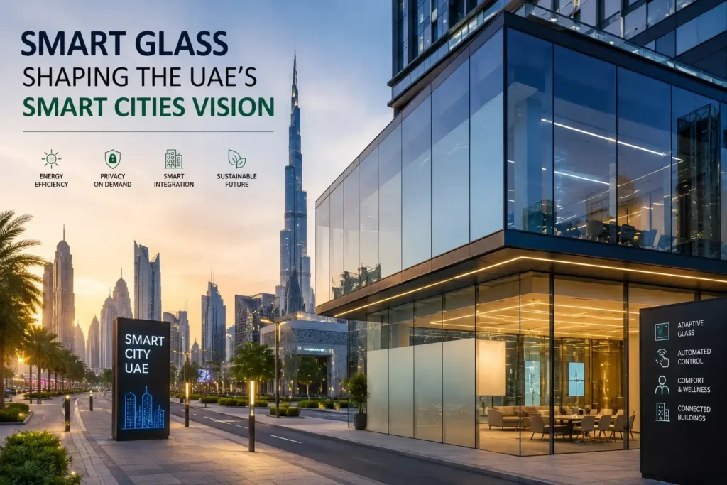 Modern smart city in the UAE featuring intelligent buildings with smart glass technology, sustainable architecture, and connected urban infrastructure.