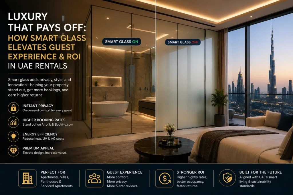 Luxury UAE rental apartment featuring switchable smart glass for instant privacy, modern interiors, panoramic Dubai skyline views, and premium guest comfort.