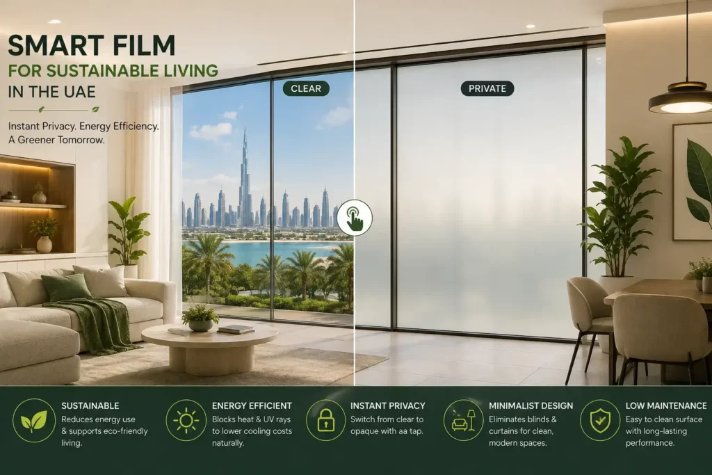 Modern UAE villa featuring smart film technology for sustainable living, instant privacy, energy efficiency, and minimalist interior design.