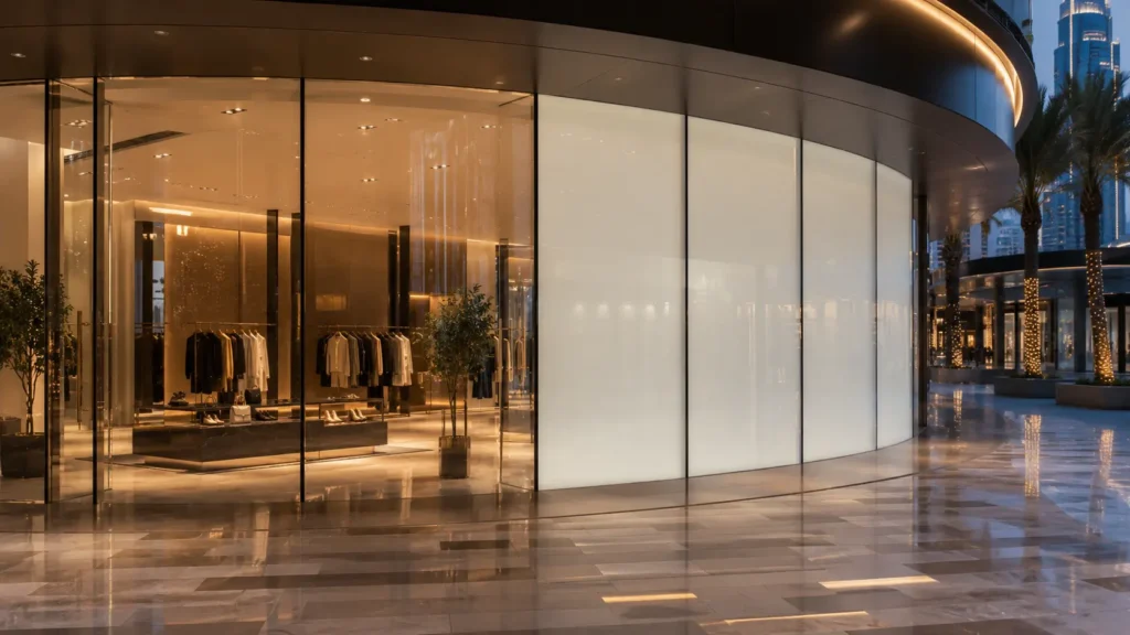 Luxury retail storefront in Dubai featuring switchable smart glass for enhanced security, privacy and modern storefront design.