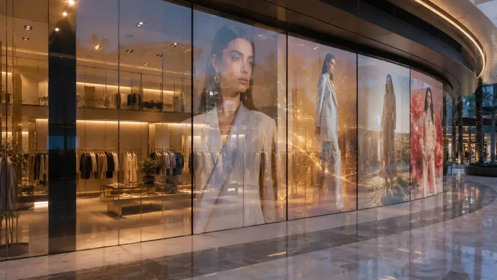 Transparent smart display glass showing dynamic promotional content on a luxury retail storefront in Dubai.