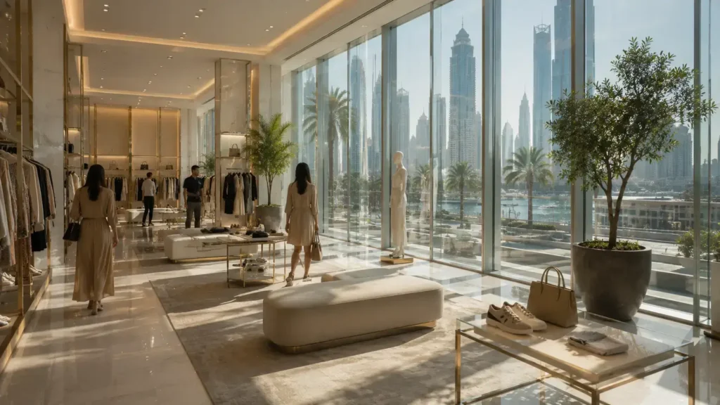 Luxury retail store with floor-to-ceiling smart glass windows improving natural daylight, energy efficiency and customer comfort.