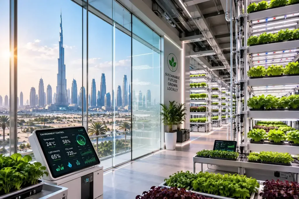 Modern vertical farming facility in the UAE featuring smart film on glass to improve light control, energy efficiency and sustainable crop production.