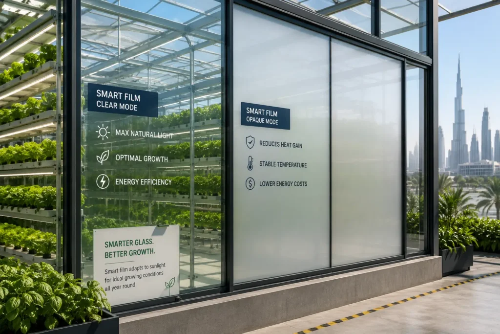 PDLC smart film applied to a greenhouse glass panel in a UAE vertical farming facility to control sunlight, reduce heat and improve crop-growing conditions.