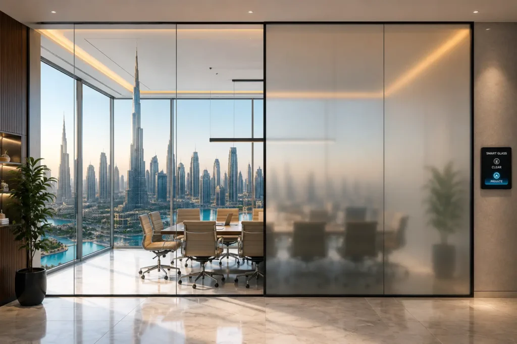 Modern Dubai office featuring smart glass that switches from transparent to frosted, demonstrating intelligent light control, instant privacy and PDLC smart glass technology.