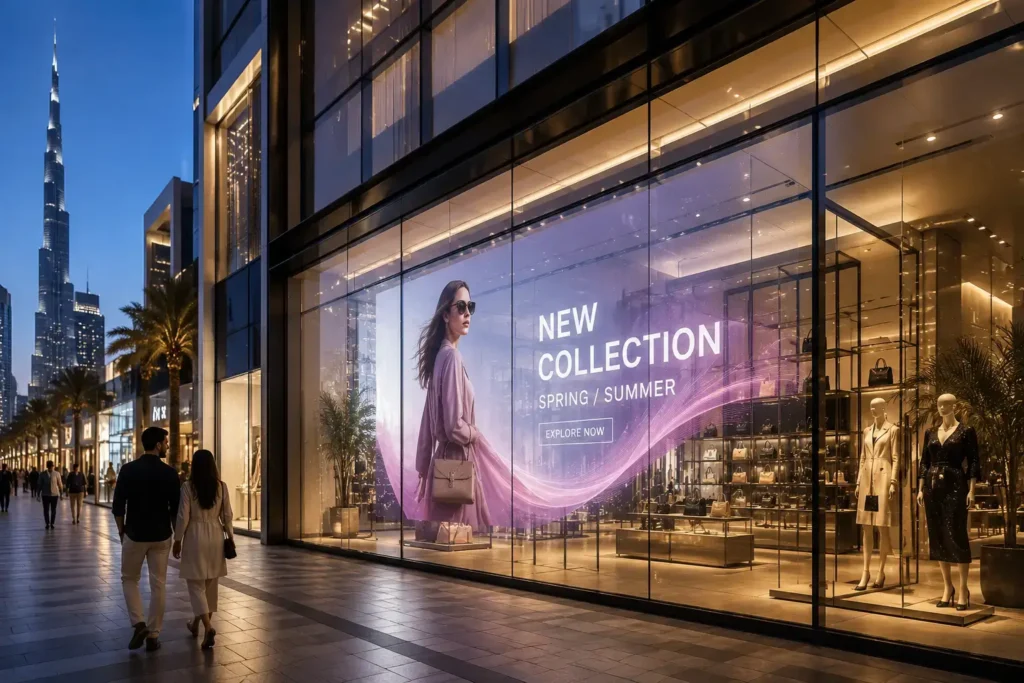 Transparent display film transforming a luxury retail storefront in Dubai into a digital advertising screen while maintaining glass transparency.