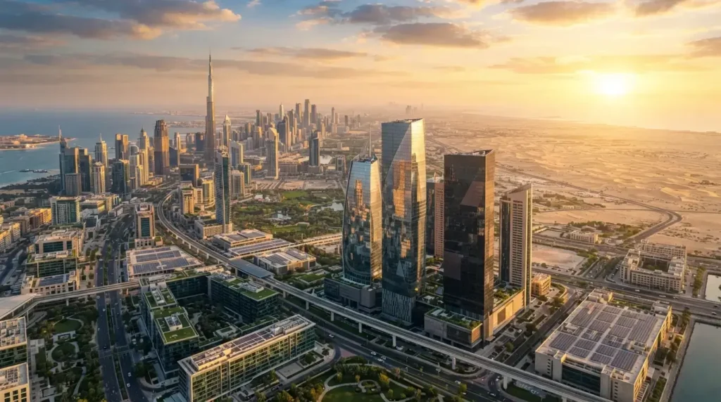 Futuristic Dubai and Abu Dhabi skyline featuring smart glass skyscrapers with sustainable architecture, green rooftops, solar panels, and energy-efficient building design at sunset.