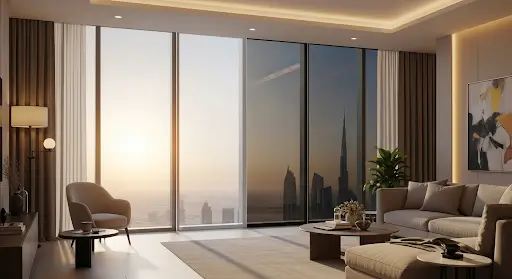 Modern UAE living room featuring electrochromic smart glass that automatically adjusts tint for natural light, privacy and energy efficiency.