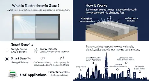 Infographic explaining how electrochromic smart glass automatically changes tint to control sunlight, heat and privacy in UAE homes.