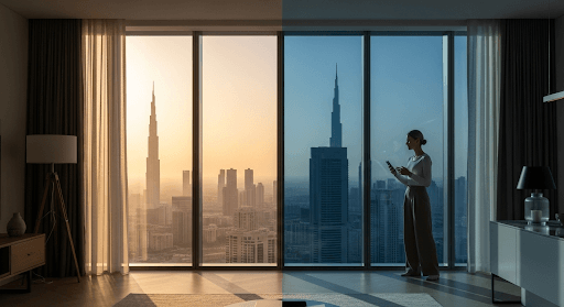 Modern UAE apartment featuring electrochromic smart glass with automatic tint control for daylight, comfort and unobstructed city views.