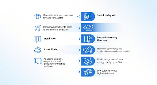 Infographic showing how electrochromic smart glass supports sustainable home design through energy savings, smart tinting and modern aesthetics.