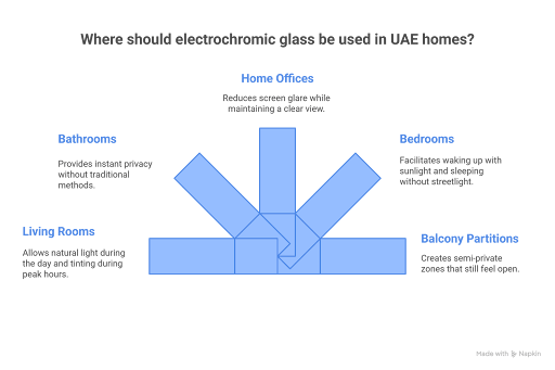 Infographic showing electrochromic smart glass applications in living rooms, bathrooms, home offices, bedrooms and balcony partitions.