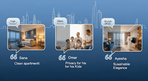 Illustration featuring UAE homeowner testimonials about electrochromic smart glass for improved privacy, modern design and sustainable living.