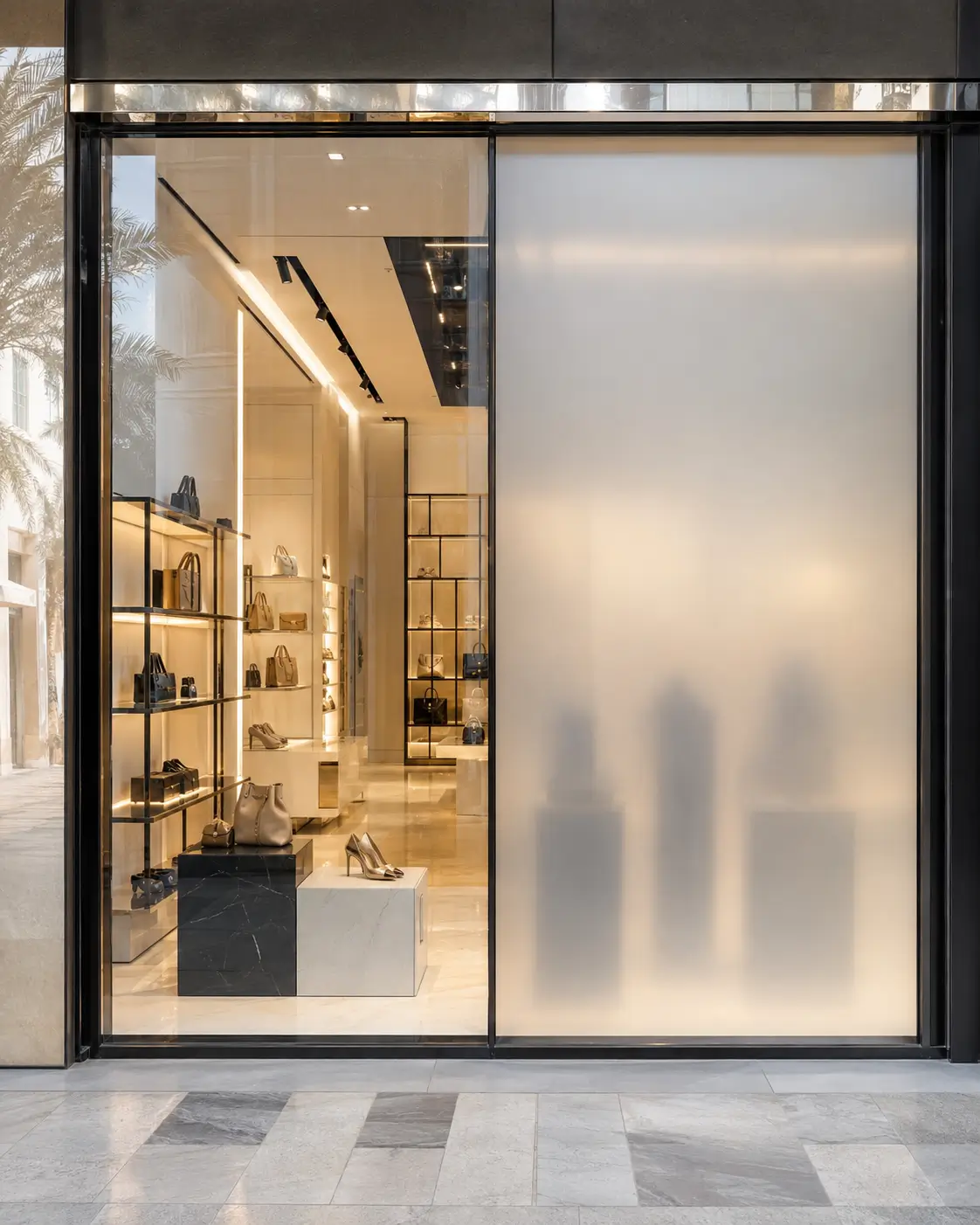 Retail shop front glass with switchable smart film
