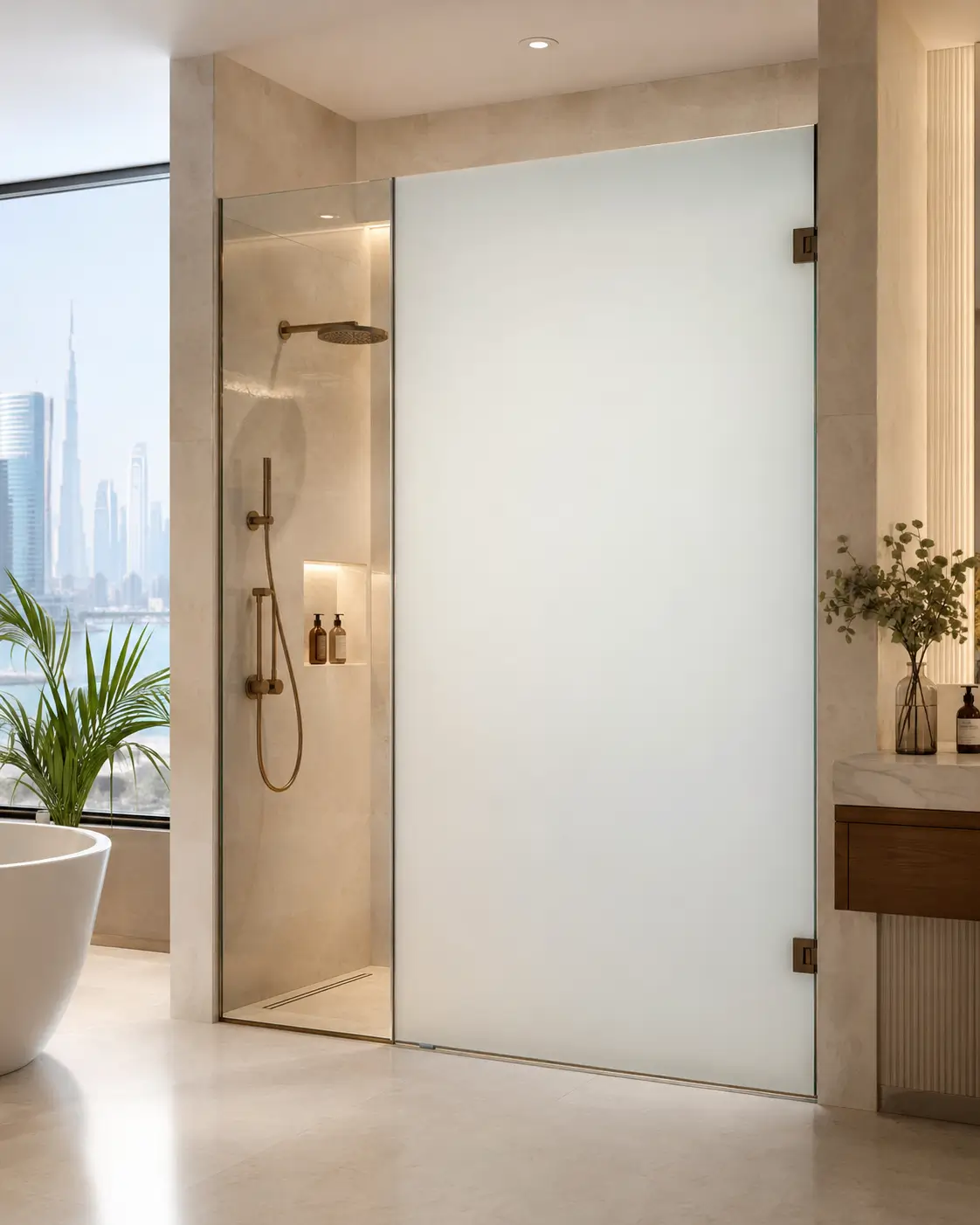 Bathroom shower glass with smart film in frosted privacy mode